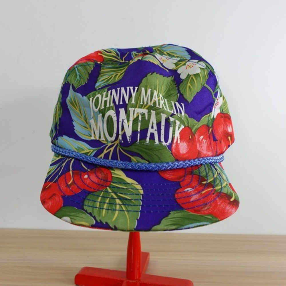 Vintage Hawaiian Floral Hat Johnny Marlin Montauk Cap Tropical Cherries SAN SUN